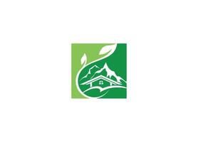 mountain logo design with home tree icon template with white background vector