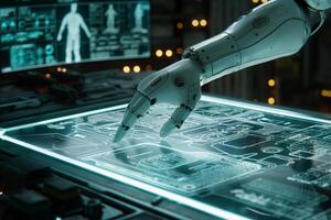 Hand and fingers of robot android checking electronic digital panel photo