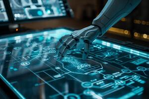 Hand and fingers of robot android checking electronic digital panel photo