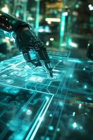 Hand and fingers of robot android checking electronic digital panel photo
