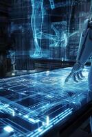 Hand and fingers of robot android checking electronic digital panel photo