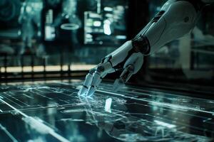 Hand and fingers of robot android checking electronic digital panel photo