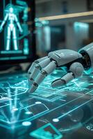 Hand and fingers of robot android checking electronic digital panel photo
