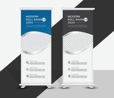Modern roll up banner stand template with blue and white stripes vector