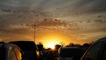 The beautiful city sunset view with the blue time sky in the shopping mall parking square photo