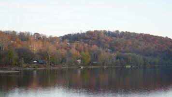 The beautiful little town landscape with the colorful autumn leaves and old buildings in USA photo