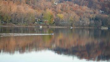 The beautiful little town landscape with the colorful autumn leaves and old buildings in USA photo