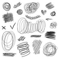 Hand drawn tangled scrawls set. Wavy black doodles. Pen and pencil scribbles on white. Chaotic lines and mess. Childish style shapes. vector