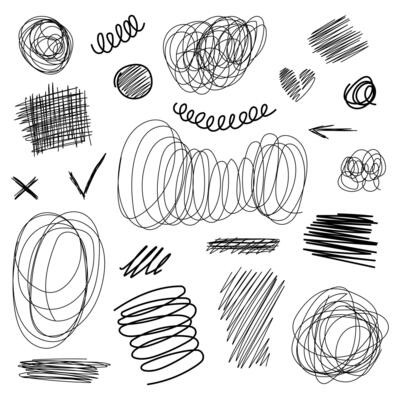 Hand drawn tangled scrawls set. Wavy black doodles. Pen and pencil scribbles on white. Chaotic lines and mess. Childish style shapes.
