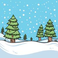 Christmas trees with winter snow field environment colorful illustration isolated on square background. Simple flat outlined cartoon art styled drawing. vector