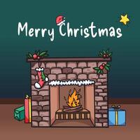 Merry Christmas poster or greeting card design with fireplace illustration isolated on square ratio background. Simple flat outlined cartoon art styled drawing for social media post or card prints. vector