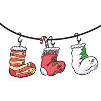 Three Christmas socks colorful illustration isolated on square background. Simple flat outlined cartoon art styled drawing. vector