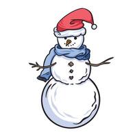 Cute smiling snowman with santa hat and branch hands colorful illustration isolated on square background. Simple flat outlined cartoon art styled drawing. vector