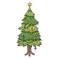 Decorated christmas tree with star and hanging light balls colorful illustration isolated on square background. Simple flat outlined cartoon art styled drawing. vector