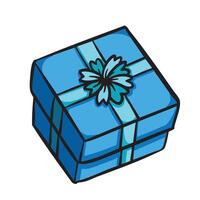 Blue gift box with ribbon colorful illustration isolated on square white background. Simple flat outlined cartoon art styled drawing. vector