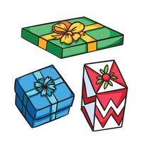 Three Christmas gift boxes colorful illustration set collection isolated on square white background. Simple flat outlined cartoon art styled drawing. vector