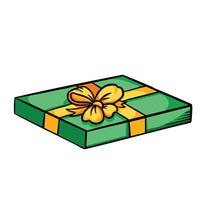 Green thin gift box with yellow ribbon colorful illustration isolated on square white background. Simple flat outlined cartoon art styled drawing. vector