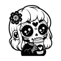 Skeleton-themed girl holding a coffee cup, blending spooky Day of the Dead elements with a cozy, playful vibe. vector