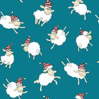 seamless pattern of flying cartoon sheep in festive holiday hats. Ideal for digital uses like holiday cards, fabric designs, gift wrap, or seasonal projects. vector