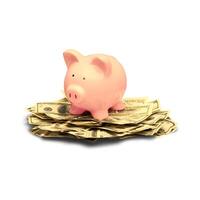 a pink piggy bank sitting on top of a pile of money photo