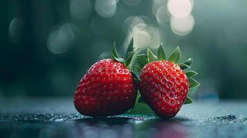 Two strawberries on a table with a blurry background photo