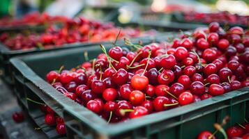 Cherries are in crates at a market photo