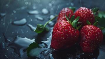 Two strawberries are sitting on a wet surface photo