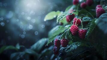 Raspberries on a tree in the rain photo