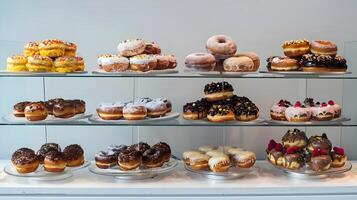 A display case filled with various types of donuts photo