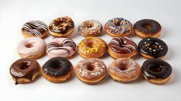 A dozen donuts are arranged in a row on a white surface photo