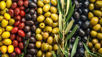 Olives are arranged in a row with leaves photo