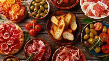 Many different types of food are arranged on a table photo
