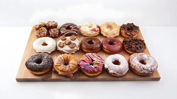 A wooden tray with a dozen different kinds of donuts photo