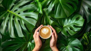 Coffee cup with a latte on a tropical background photo