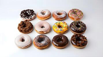 A dozen donuts are arranged in a row photo
