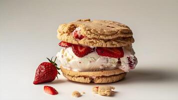 A strawberry ice cream sandwich with a cookie on top photo