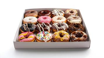 A box of donuts with different flavors and toppings photo