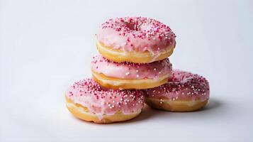 A stack of pink donuts with sprinkles on top photo