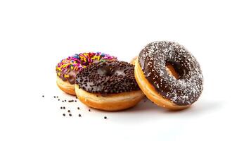 Three donuts with sprinkles on a white background photo