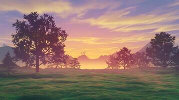 Vibrant Sunset Over a Serene Lake with Mountain Views photo