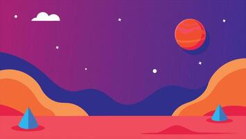 A colorful space background with a red planet in the middle. The background is orange and blue. The sky is purple and the stars are scattered throughout the sky vector