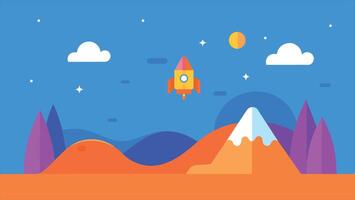 A cartoonish drawing of a rocket flying through the sky above a mountain range. The sky is blue and dotted with stars vector