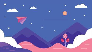 A blue sky with mountains and a tree. A plane is flying in the sky. The sky is filled with stars vector