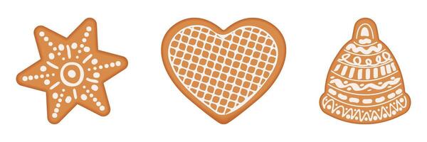 Set of festive gingerbread cookies for decorating Christmas illustrations. Baking with icing vector
