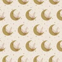Floral seamless pattern neutral branch elements. Moon with leaf and stars pattern vector