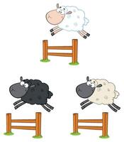 Funny Sheep Jumping Over The Fence. Collection Isolated On White vector