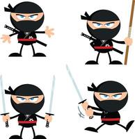 Ninja Warrior Cartoon Character With Weapons Flat Design. Collection Isolated On White Background vector