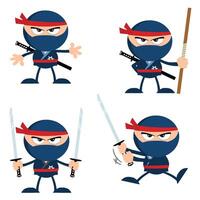 Blue Ninja Warrior Cartoon Character With Weapons Flat Design. Collection Set vector