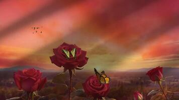 A field of pink roses at sunset with mountains in the background and a vibrant, colorful sky filled with clouds. The image captures the beauty of nature and the serene atmosphere of the scene video