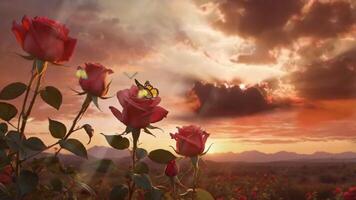 A field of pink roses at sunset with mountains in the background and a vibrant, colorful sky filled with clouds. The image captures the beauty of nature and the serene atmosphere of the scene video